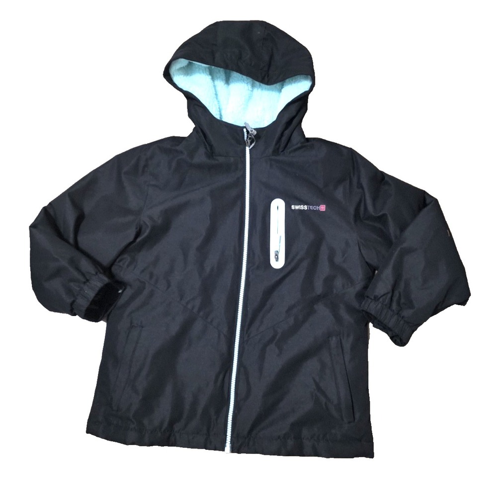 SwissTech Jacket Youth Sz‎ 6-6x Black Hooded Full Zip Fleece Lined Winter Coat